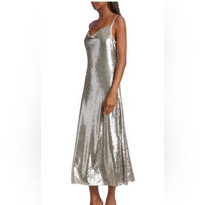 NWT AllSaints Sequined Hadley Cowlneck Slip Dress Dress in Silver Size